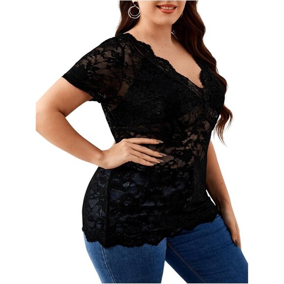Women's Plus Size Short Sleeve Floral Lace Blouse Mesh V Neck Casual Top - Picture 2 of 5